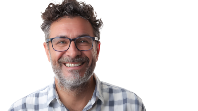 Portrait of a happy smiling teacher man wearing glasses isolated on transparent background, detailed photo, png