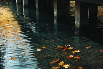 A tranquil river flowing under an old wooden bridge, with autumn leaves floating on the surface, warm golden hues, and ultra-detailed water ripples, creating a cozy and nostalgic atmosphere