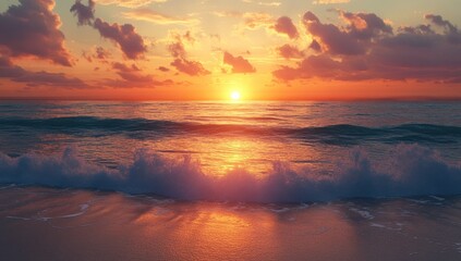 Fototapeta premium Dramatic sunset over ocean waves crashing on shore (1)