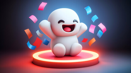 Fototapeta premium Joyful 3D Character Celebrates with Confetti on Glowing Red Platform