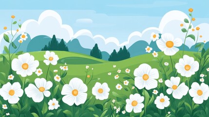 Spring Meadow with White Flowers and Mountains.