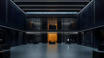 Obraz premium Modern Architectural Interior Featuring Geometric Lines and Yellow Accent Lighting with Dark Walls and Glass Panels