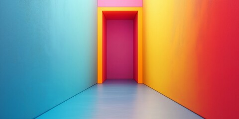 Fototapeta premium A vibrant corridor leads to an inviting colorful doorway, sparking curiosity and adventure in design.