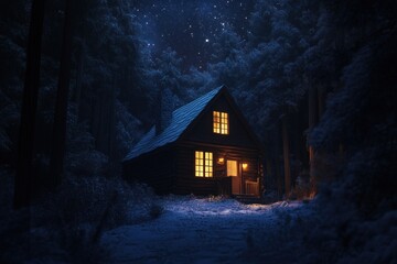 Snowy cabin in a dark forest at night.  Possible use Stock photo for a winter wonderland or fantasy theme