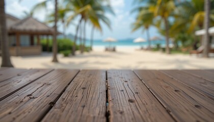 Empty wood table top on Tropical Beach Resort with a blurred background. The focus is on the table surface.