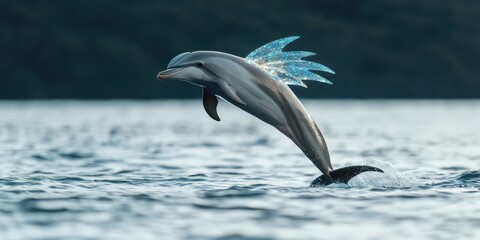 Magical Dolphin Leaps from Sparkling Sea with Fantasy Wings, Water Splash, Wildlife
