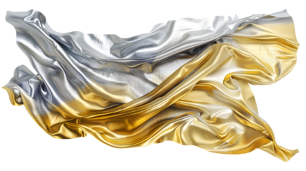 Rich gold and silver gradient tapestry that billows in the wind isolated on a transparent background, detailed photo, png 