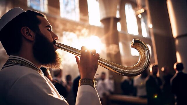 Cantor blows shofar in sunlit synagogue during religious ceremony
