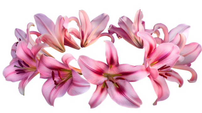 Ring of pink lilies isolated on a transparent background, detailed photo, png 