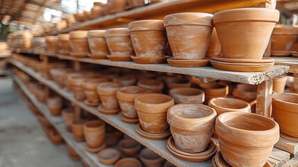 Fototapeta premium Terracotta pots on shelves