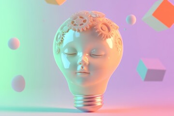 A serene face shaped like a lightbulb, adorned with gears, symbolizes innovative ideas and mindful intelligence.
