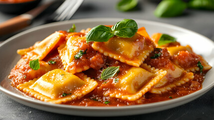 Close-up of Ravioli in Tomato Sauce with Basil on a Plate