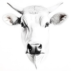 A detailed hand-drawn line art sketch of a white cow's head, showcasing its gentle eyes and prominent horns, a classic farm animal portrait perfect for rustic or agricultural