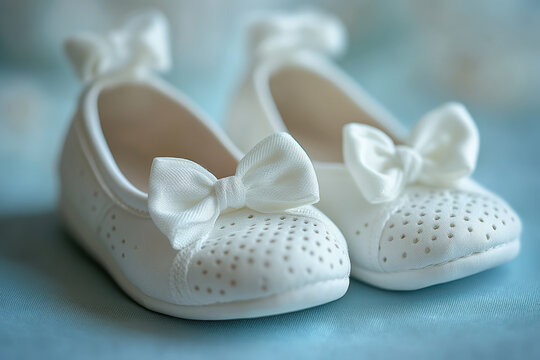 White baby shoes with bows on a wooden surface, delicate and cute, symbolizing the joy of new beginnings.