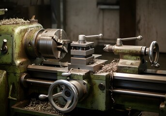 An old metal lathe machine with freshly cut shavings.