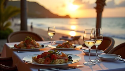 A fine dining setup on the beach at sunset with wine and gourmet seafood, symbolizing romantic getaways and exclusive resort experiences.