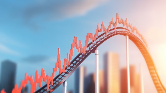 Market Rollercoaster: A dramatic visual metaphor, a rollercoaster track mirroring a fluctuating market graph against a cityscape backdrop.