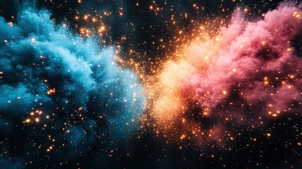 Vibrant blue and pink smoke clouds collide, sparks ignite amidst cosmic dust