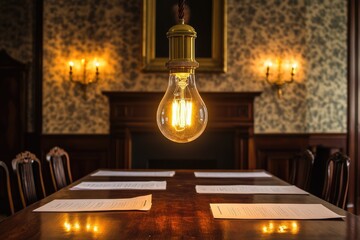 A warm, incandescent light bulb hangs above a wooden table in a dimly lit, antique room, illuminating documents.