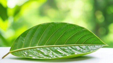 Fototapeta premium Fresh green leaf with dewdrops symbolizes health and renewal, set against a serene forest backdrop, evoking hope and vitality.