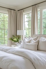 Contemporary luxe bedroom interior featuring large windows, natural light, white walls, and light carpet. Concept: serene ambiance, contemporary luxe bedroom interior, elegant design, decor.