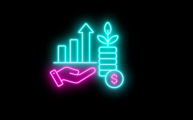 neon Investment icon. Bright Arrow above hand. Hand, arrow, dollar sign in circle. Hand icon showing Business Grow Graph Icon. 