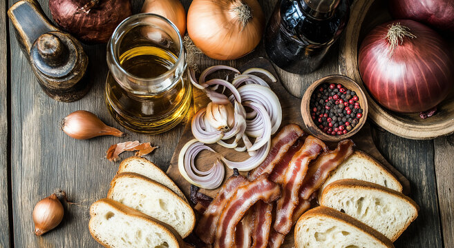Vodca, cebola, bacon e p&atilde;o dispostos juntos sobre um fundo r&uacute;stico de madeira, exibindo a rica combina&ccedil;&atilde;o de sabores de vodca juntamente com saborosos bacon e cebola com p&atilde;o.