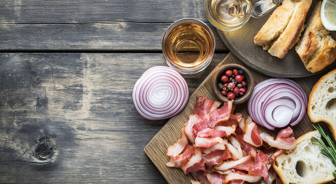 Vodca, cebola, bacon e p&atilde;o dispostos juntos sobre um fundo r&uacute;stico de madeira, exibindo a rica combina&ccedil;&atilde;o de sabores de vodca juntamente com saborosos bacon e cebola com p&atilde;o.