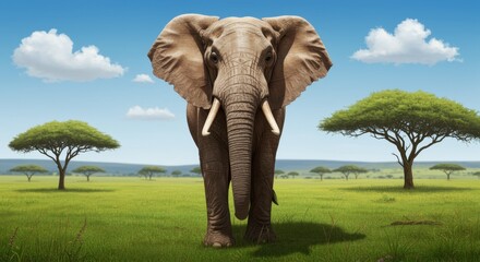 Fototapeta premium A majestic elephant stands in a vibrant green savannah, surrounded by acacia trees under a clear blue sky with fluffy clouds, showcasing the beauty of wildlife in its natural habitat.