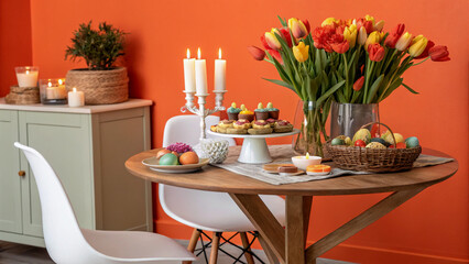 Obraz premium Springtime Gathering A Festive Table Setting with Tulips and Treats