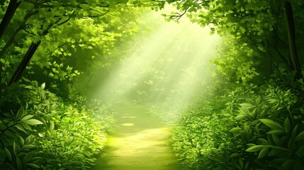 Obraz premium Sunlit Forest Path with Lush Green Trees, and Nature Trail.