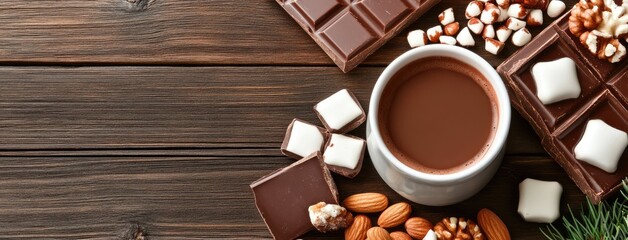 Warm cup of hot chocolate with chocolate pieces and nuts on rustic wooden table during winter season