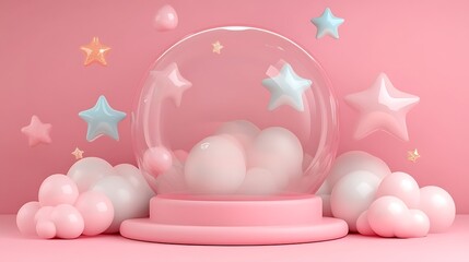 Decorative snow globe with clouds, stars, pink background