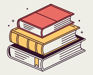 Colorful stack of three books in red, yellow, and black, representing knowledge, education, and the joy of reading and learning.