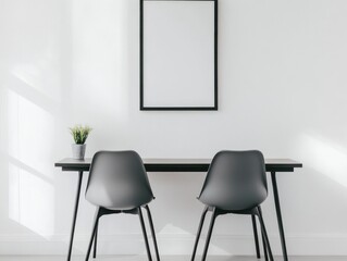 Minimalist Workspace with Gray Chairs and Empty Frame