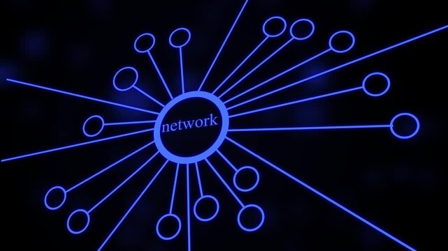 Animation of a growing network of connections with nodes on a black background