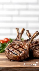 Juicy grilled lamb chops seasoned with salt and herbs rest on a rustic wooden cutting board next to a vibrant side salad of cherry tomatoes and spinach leaves.