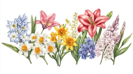 Fototapeta premium A vibrant illustration of various flowers, showcasing a mix of colors and types, emphasizing their natural beauty and diversity.