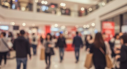 A vibrant shopping mall teeming with shoppers carrying bags and chatting, illuminated by soft lighting, creating a lively atmosphere of consumerism and social interaction.