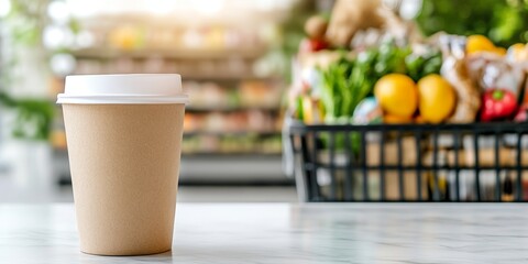 biodegradable takeaway coffee cup on white table with grocery basket full of fresh vegetables in blurred background