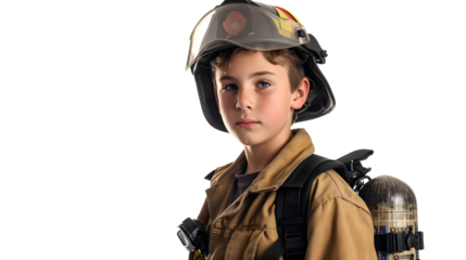 Teenage boy poses boldly in a professional firefighters gear on transparent background, detailed photo, png 