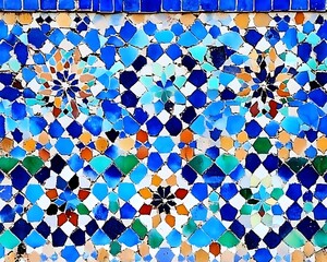 Decorative tile mosaic pattern in blue and orange