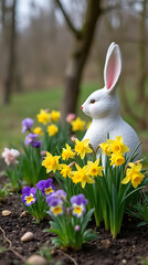 Fototapeta premium Charming Spring Garden with Blooming Daffodils, Vibrant Pansies, and a Cute Decorative Bunny in a Rustic Easter-Themed Setting