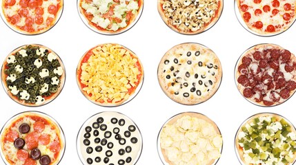 A delicious collection showcasing ten diverse and vibrant pizza topping variations including pepperoni, cheese, olives, vegetables, and mushrooms presented in a close-up overhead