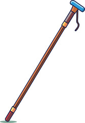 Wooden Cane with Hooked Handle and Rubber Tip, Illustration of a wooden cane with a blue hooked handle, rubber tip, and decorative bands for support and stability.

