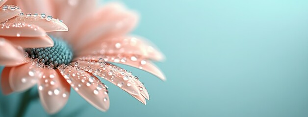 Fototapeta premium Close-up view of a pink daisy with water droplets on its petals against a soft blue background, showcasing the beauty of nature in a fresh and serene setting