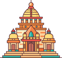 Colorful Temple with Dome and Decorative Towers, Illustration of a colorful temple with a large central dome, decorative towers, and intricate design elements, symbolizing sacred architecture.
