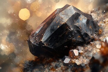 A large, dark, crystalline mineral rests on a bed of smaller, lighter crystals, creating a stunning contrast.