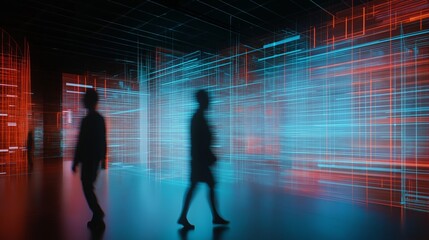 People explore an immersive projection with vibrant light patterns in an interactive space