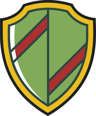 Green Shield with Red Diagonal Stripes, Illustration of a green shield with red diagonal stripes and a golden outline, symbolizing strength and protection. 